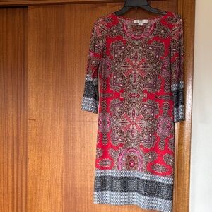 Chic Red Patterned 3/4 Length Sleeve Dress